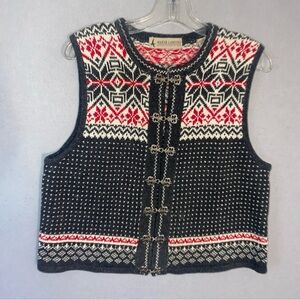 Marsh Landing Womens Vest Fair Isle Red Black Size Medium Crew Neck Nordic Knit